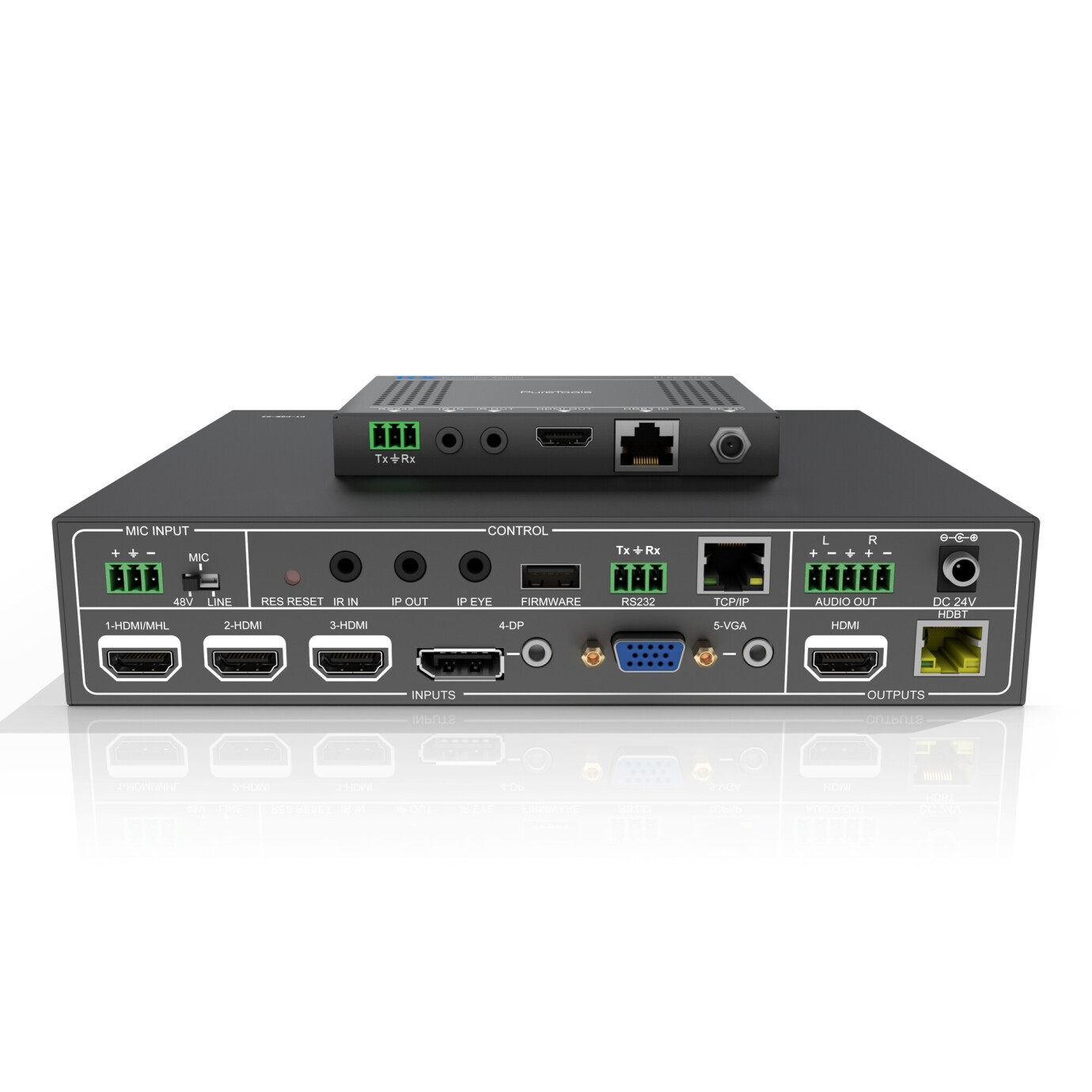 OneAV PureTools - Seamless Scaler Switcher 5x2, 1080P, 3-level MIC, HDMI & HDBT Outputs