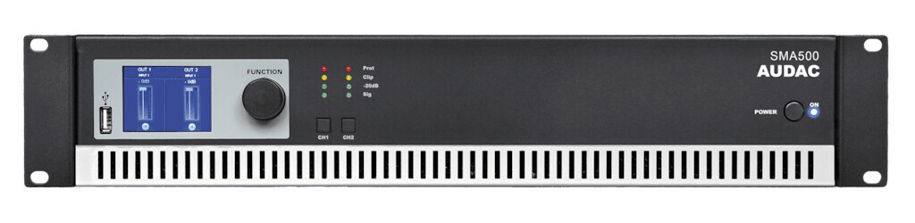 Audac SMA500 Class-D-Verstärker, WaveDynamics™ DSP, 2x500W@4Ohm, brückbar, LCD-Display, USB, RS232, 19