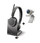 Poly Studio P5 Webcam - 1080p, 80° FoV, 4x Zoom, USB 2.0 - Paquete con auriculares inalámbricos Voyager 4220 UC incluye base