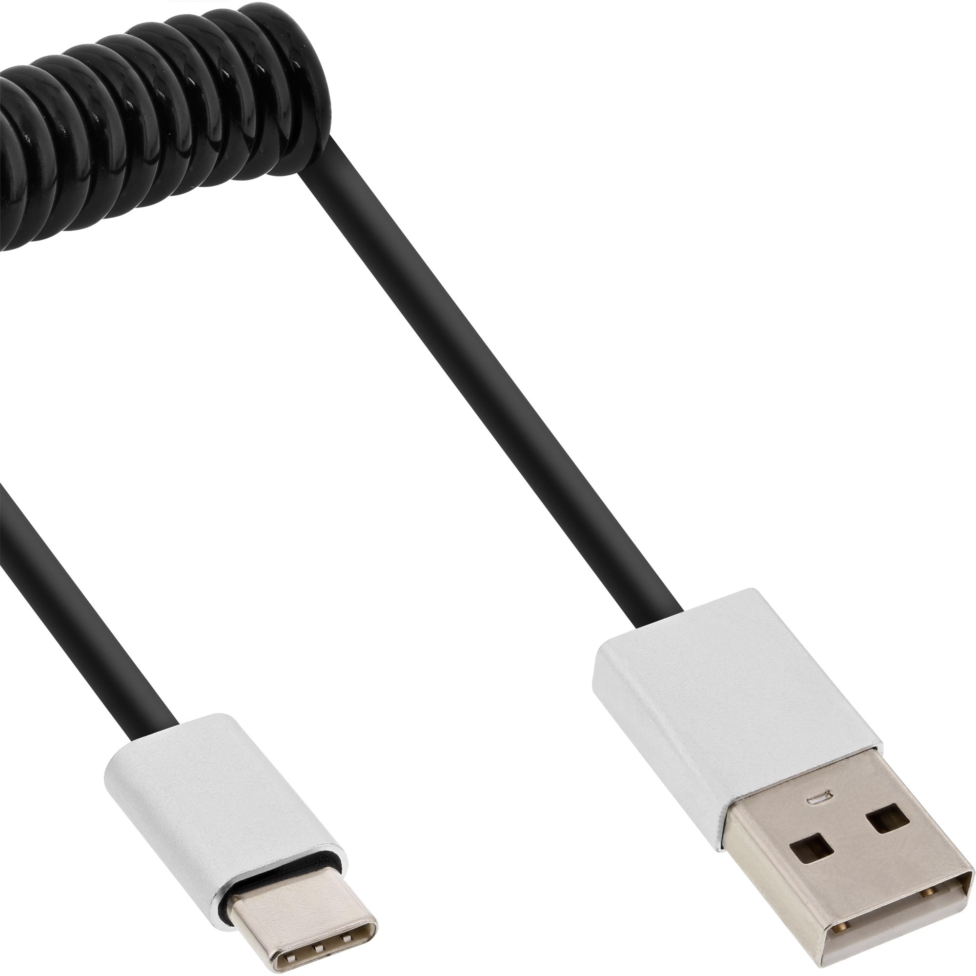 INLINE ® USB 2.0 Spiralkabel, Typ C Stecker an A Stecker, schwarz/Alu, flexibel, 0,5m