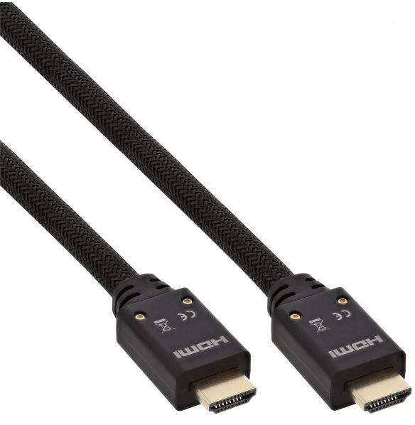 InLine-HDMI-Aktiv-Kabel-HDMI-High-Speed-mit-Ethernet-4K2K-Stecker-Stecker-schwarz-gold-Nylon-Geflecht-Mantel-15m
