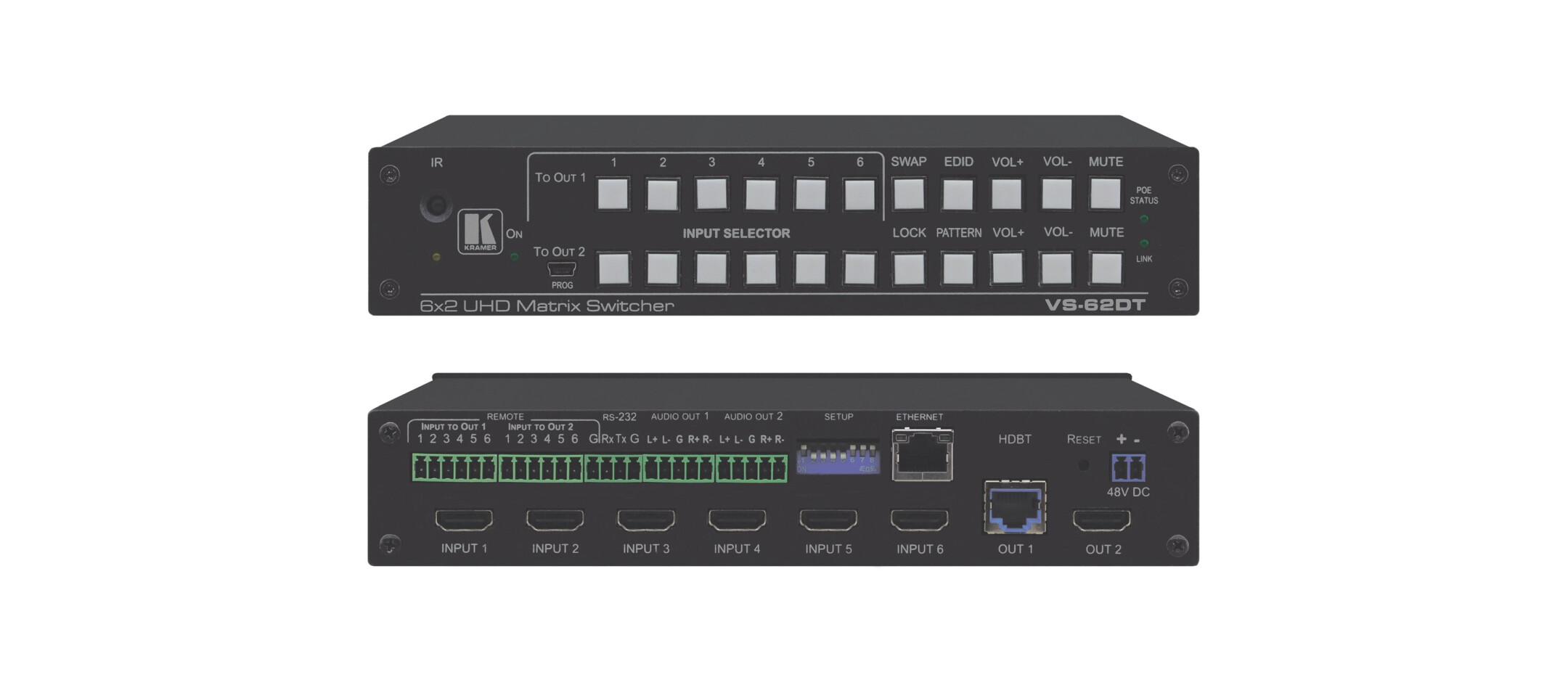 Kramer-VS-62DT-6x2-4K-60-4-2-0-HDMI-HDBaseT-Matrixschalter-mit-PoE-fur-vergr-Reichweite