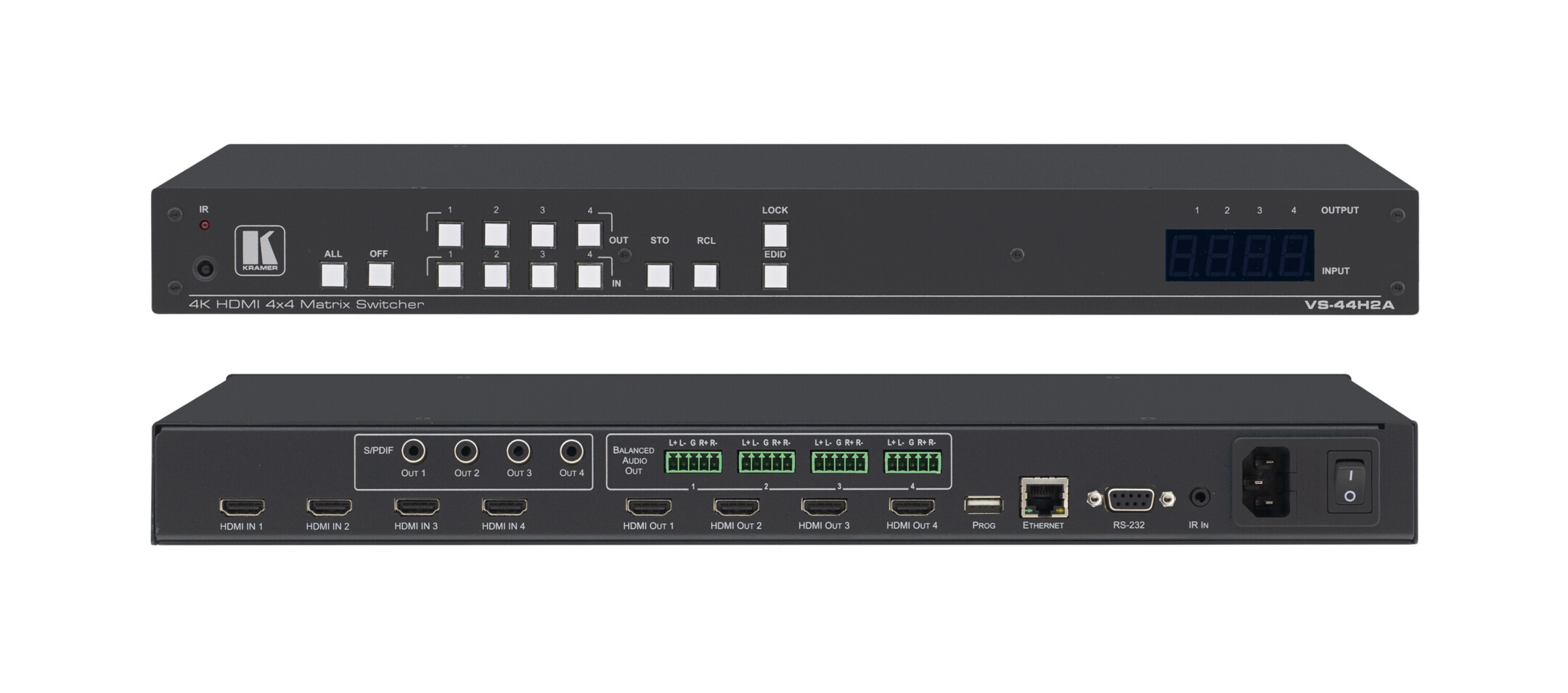 Kramer-VS-44H2A4x4-4K-HDR-HDMI-2-0-HDCP-2-2-Matrix-Schalter-mit-Audio-De-Embedding