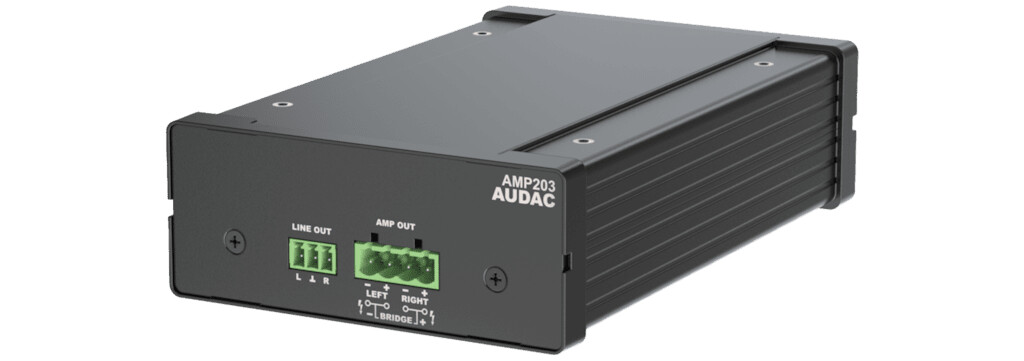 Audac-AMP203-Mini-Stereoverstarker-2x30W-4Ohm-bruckbar-Stereo-Line-Out-DSP-DANTE-Interface-RS485-TCP-IP-POE-S-Box