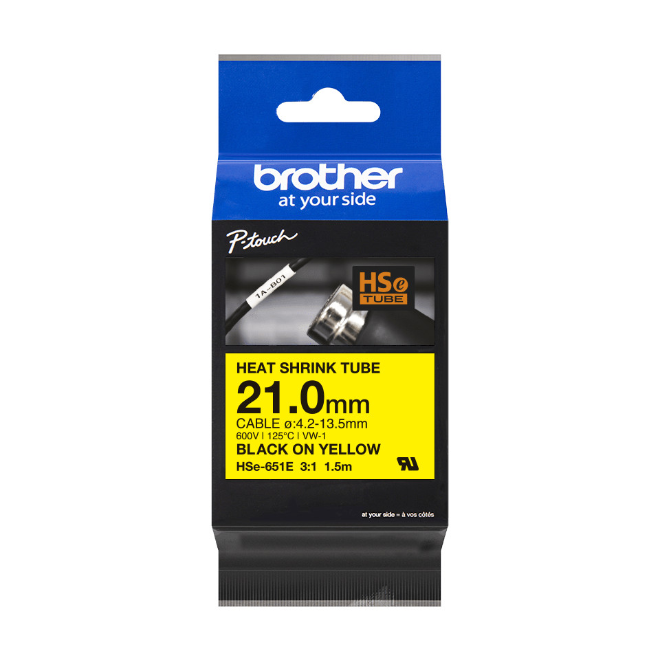 Brother-Pro-Tape-HSe-651E-Schrumpfschlauch-schwarz-auf-gelb-21mm-breit-1-5m-lang