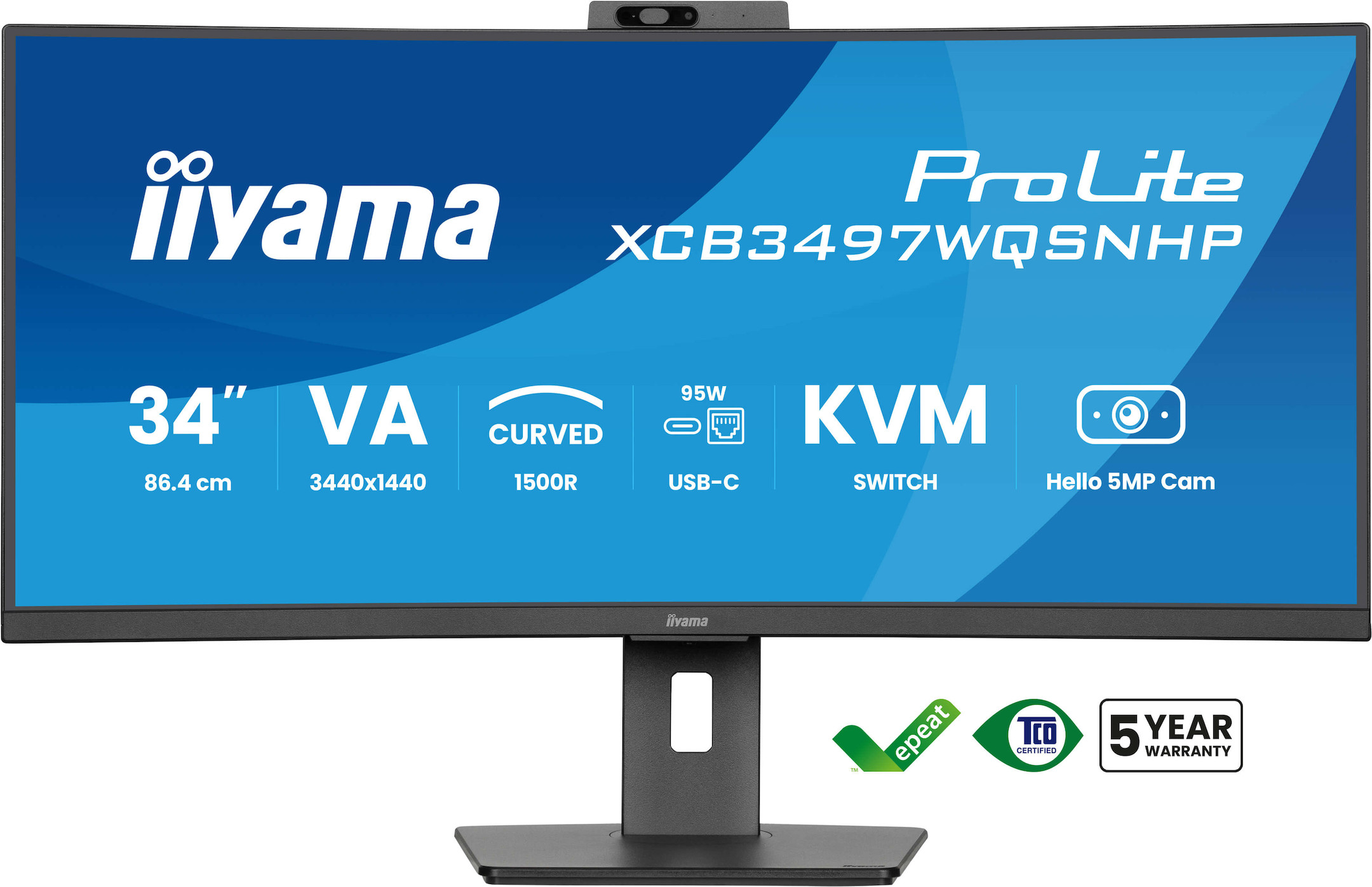 iiyama-ProLite-XCB3497WQSNPH-B1-34-VA-UWQHD-Curved-Monitor-mit-integrierter-Windows-Hello-Kamera-Mikrofon-USB-C-Dock-LAN-KVM-Switch