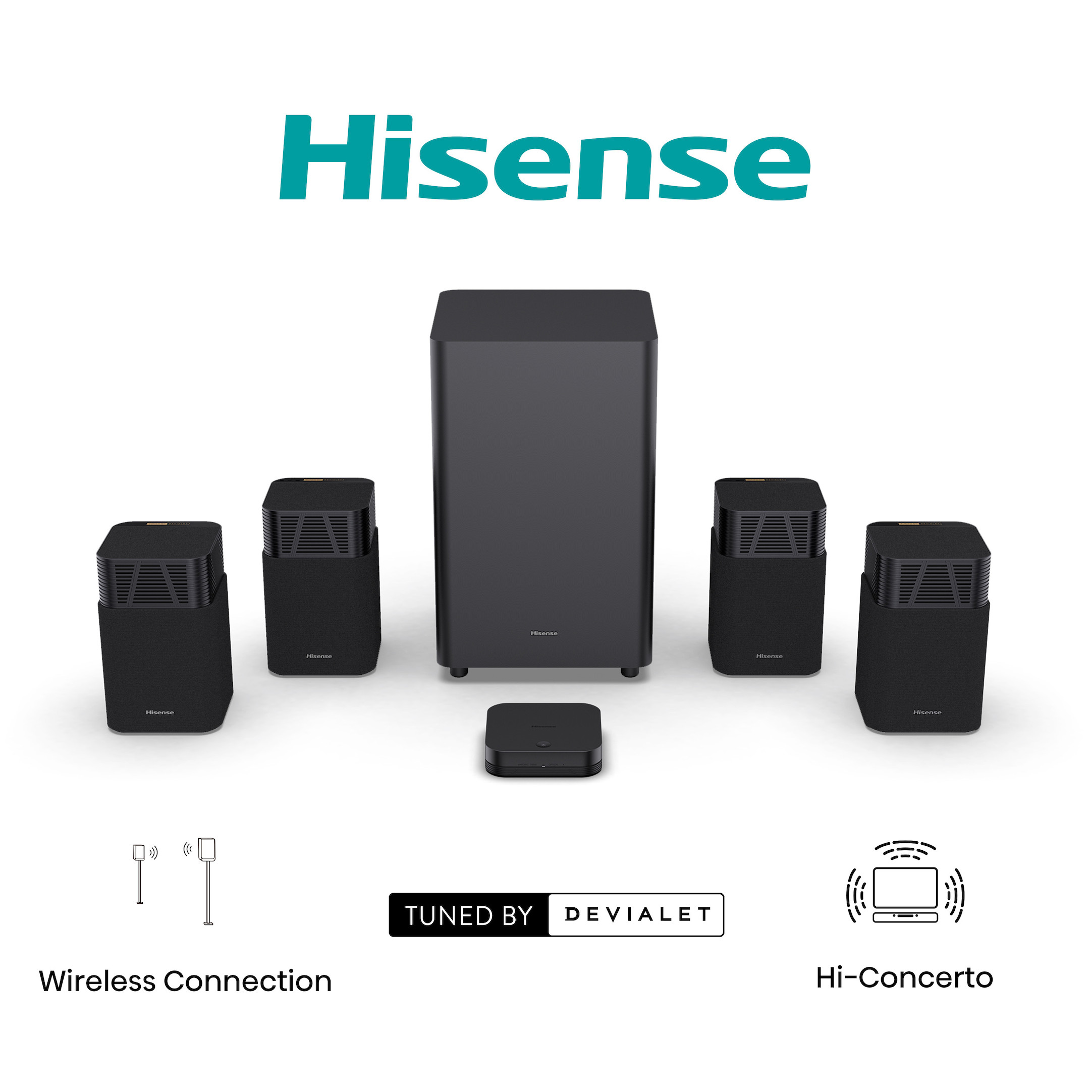 Hisense HT Saturn 4.1.2 système d'enceintes home cinéma sans fil 1.2 canaux pour un son 3D de qualité cinéma à domicile Hisense-HT-Saturn-4-1-2-kanaals-draadloos-thuisbioscoopsysteem-voor-3D-geluid-van-bioscoopkwaliteit-thuis