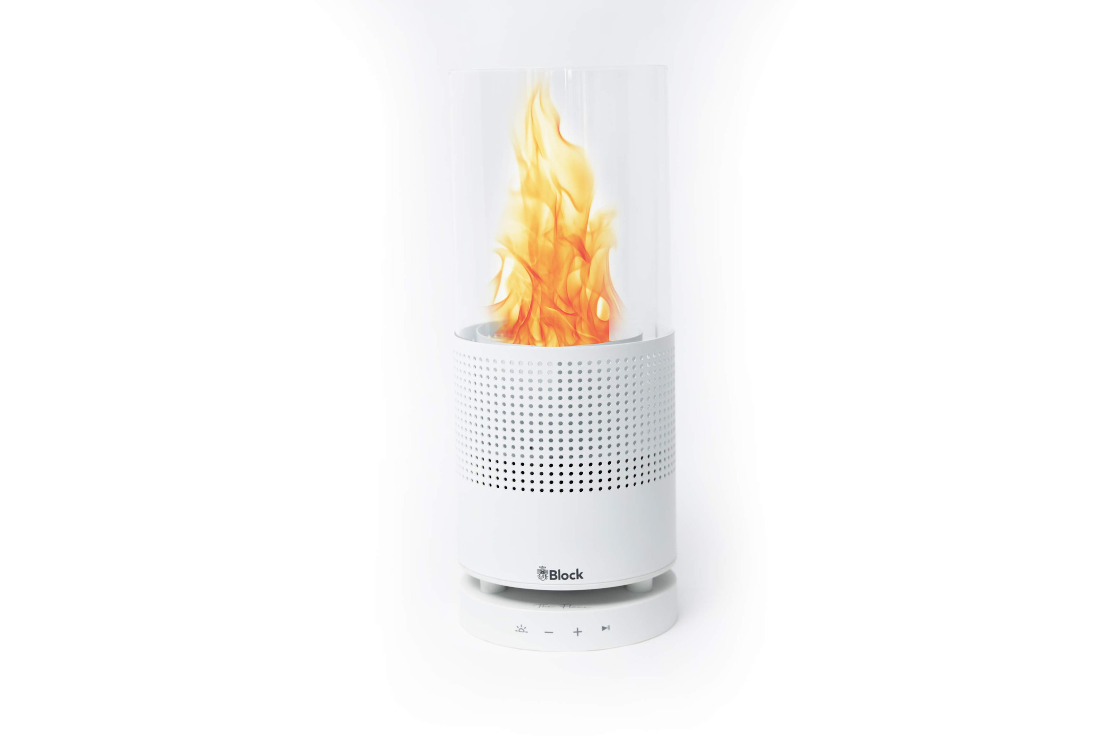 Block The Flame kabelloser Bluetooth-Lautsprecher mit Tischfeuer für gemütliches Ambiente in Weiß Block-The-Flame-draadloze-Bluetooth-luidspreker-met-tafellamp-voor-een-gezellige-sfeer-in-wit