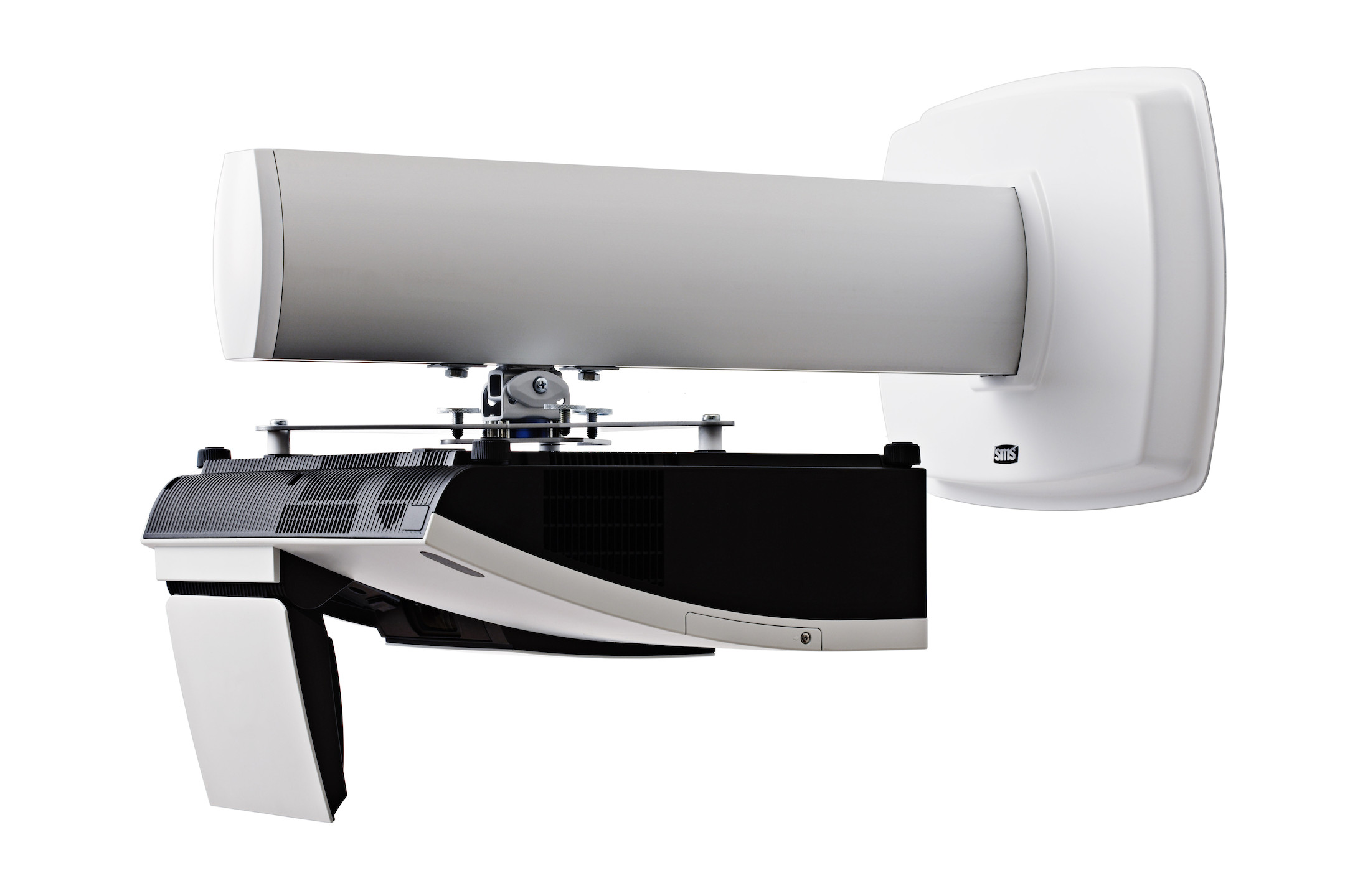 SMS-Kurzdistanz-Projektorwandhalterung-1200mm-Saule-weiss-Demoware
