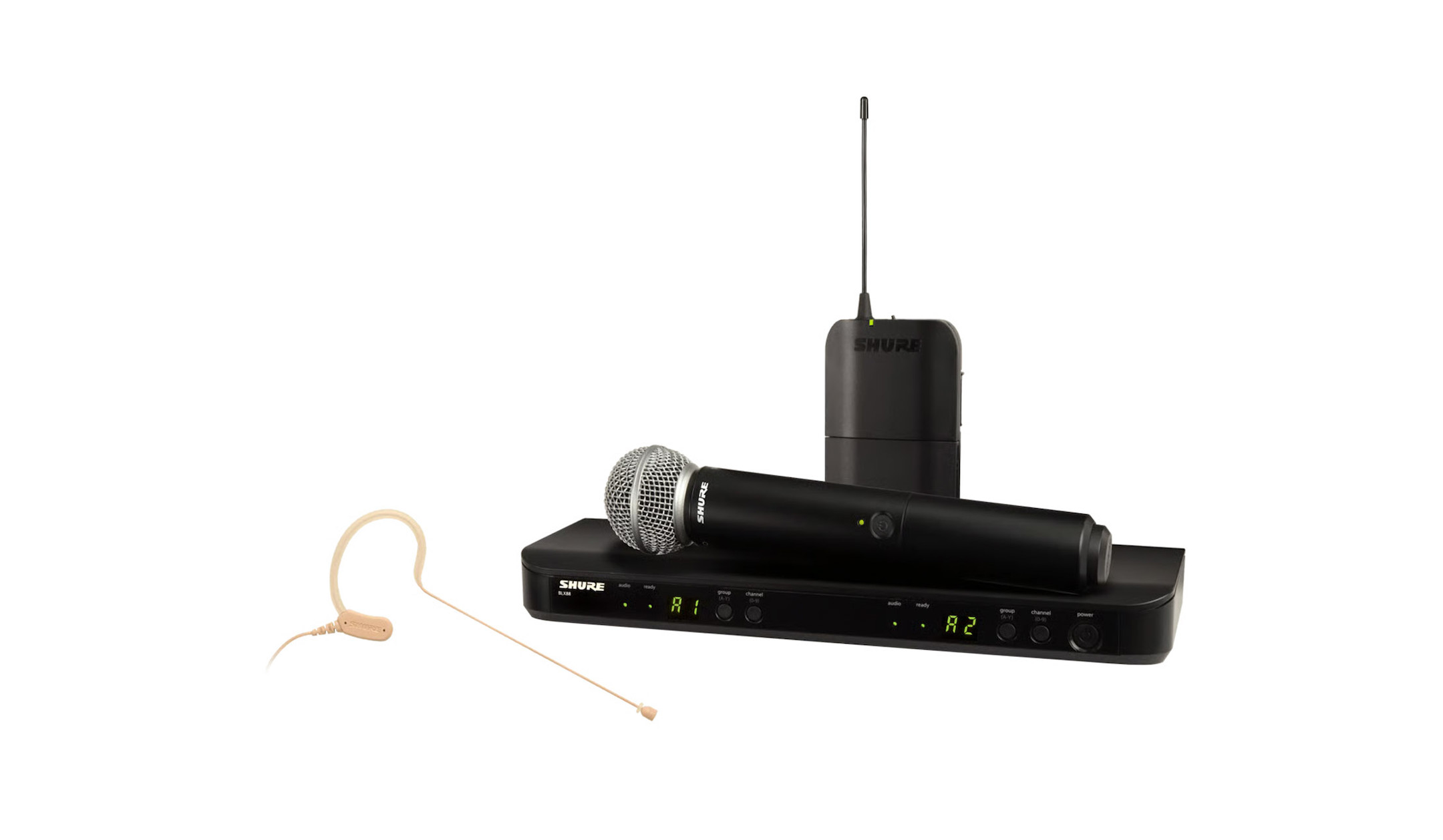 Shure BLX1288/MX53 Combo Funksystem mit SM58, MX153 Ohrbügelmikrofon und Doppelempfänger, Frequenzband: H8E Shure-BLX1288-MX53-Combo-Funksystem-mit-SM58-MX153-Ohrbugelmikrofon-und-Doppelempfanger-Frequenzband-H8E