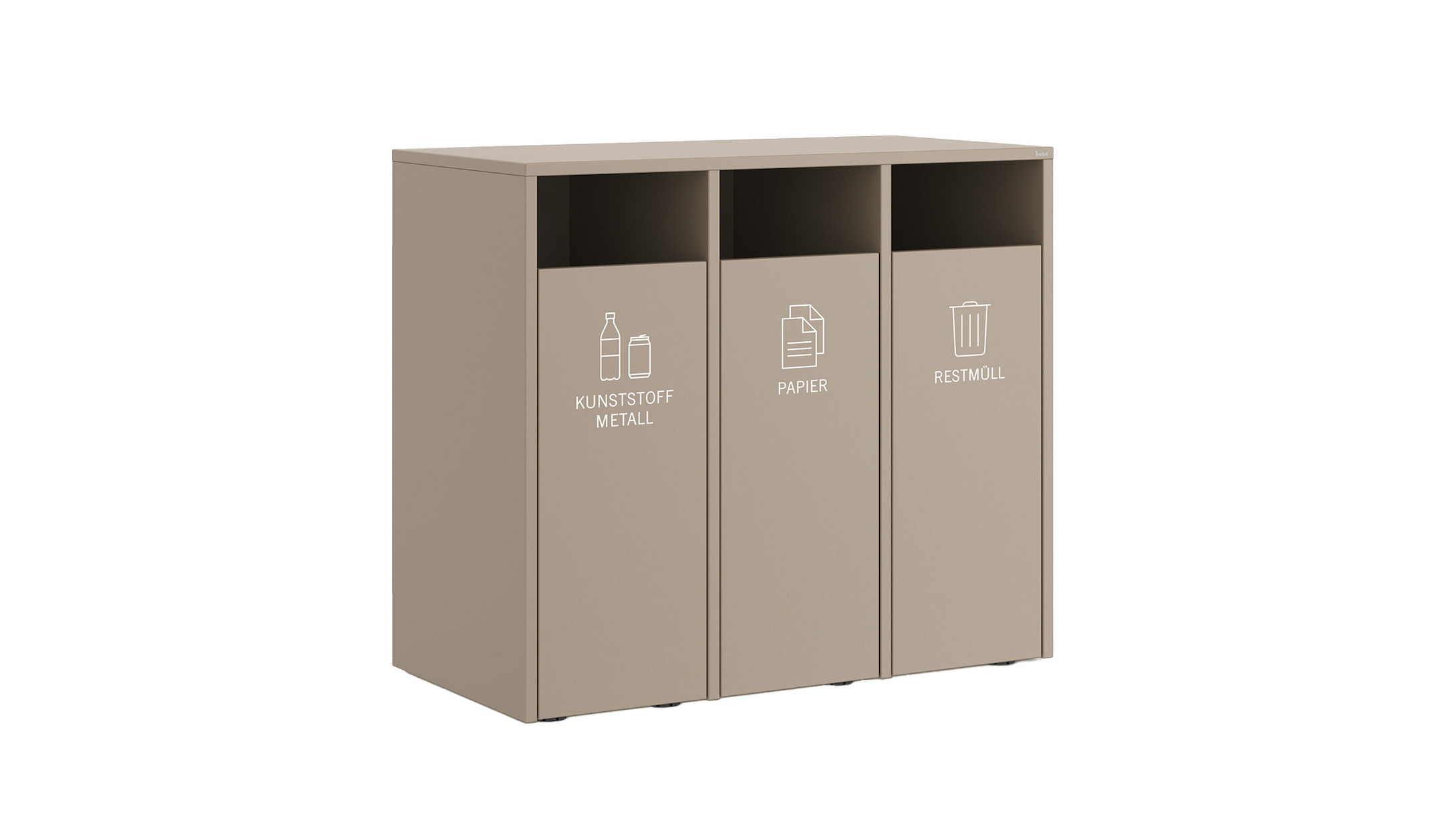 Bene Recycling Station mit bis zu drei Abfallbehältern und optionaler Beschriftung Bene-Recycling-Station-mit-bis-zu-drei-Abfallbehaltern-und-optionaler-Beschriftung