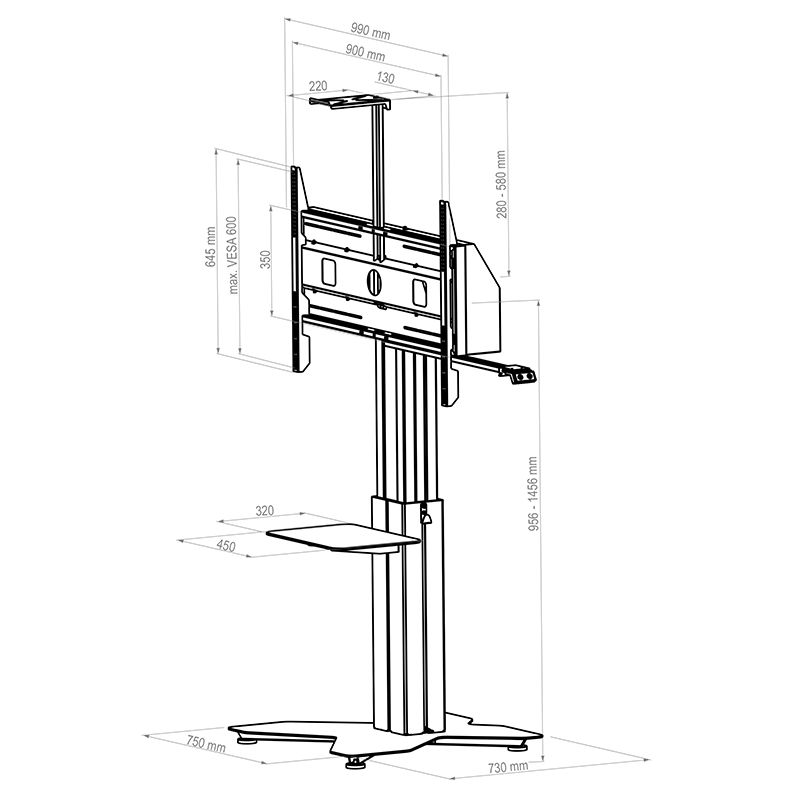 Hagor-HP-Lift-Floorstand-Vrijstaand-liftsysteem-voor-een-scherm-van-55-100-elektrisch-in-hoogte-verstelbaar