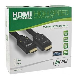 InLine-HDMI-Aktiv-Kabel-HDMI-High-Speed-mit-Ethernet-4K2K-Stecker-Stecker-schwarz-gold-Nylon-Geflecht-Mantel-15m