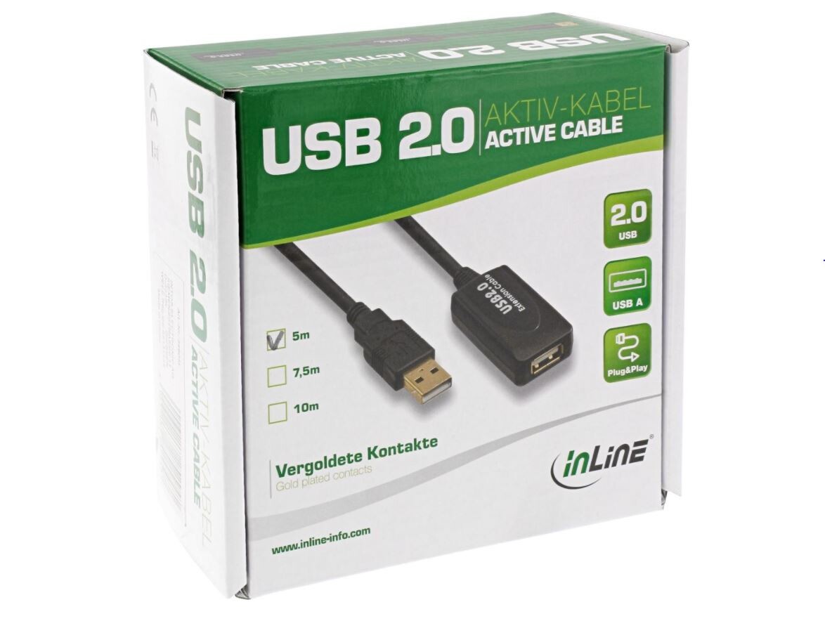 INLINE USB 2.0 Aktiv-Verlängerung, mit Signalverstärkung \"Repeater\", Stecker A an Buchse A, 5m