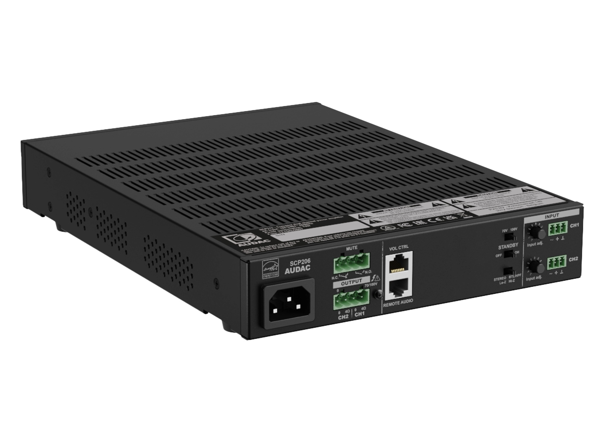 AUDAC-SCP206-kompakter-Zweikanal-Leistungsverstarker-2-x-60W-4-Ohm-120W-70-100V