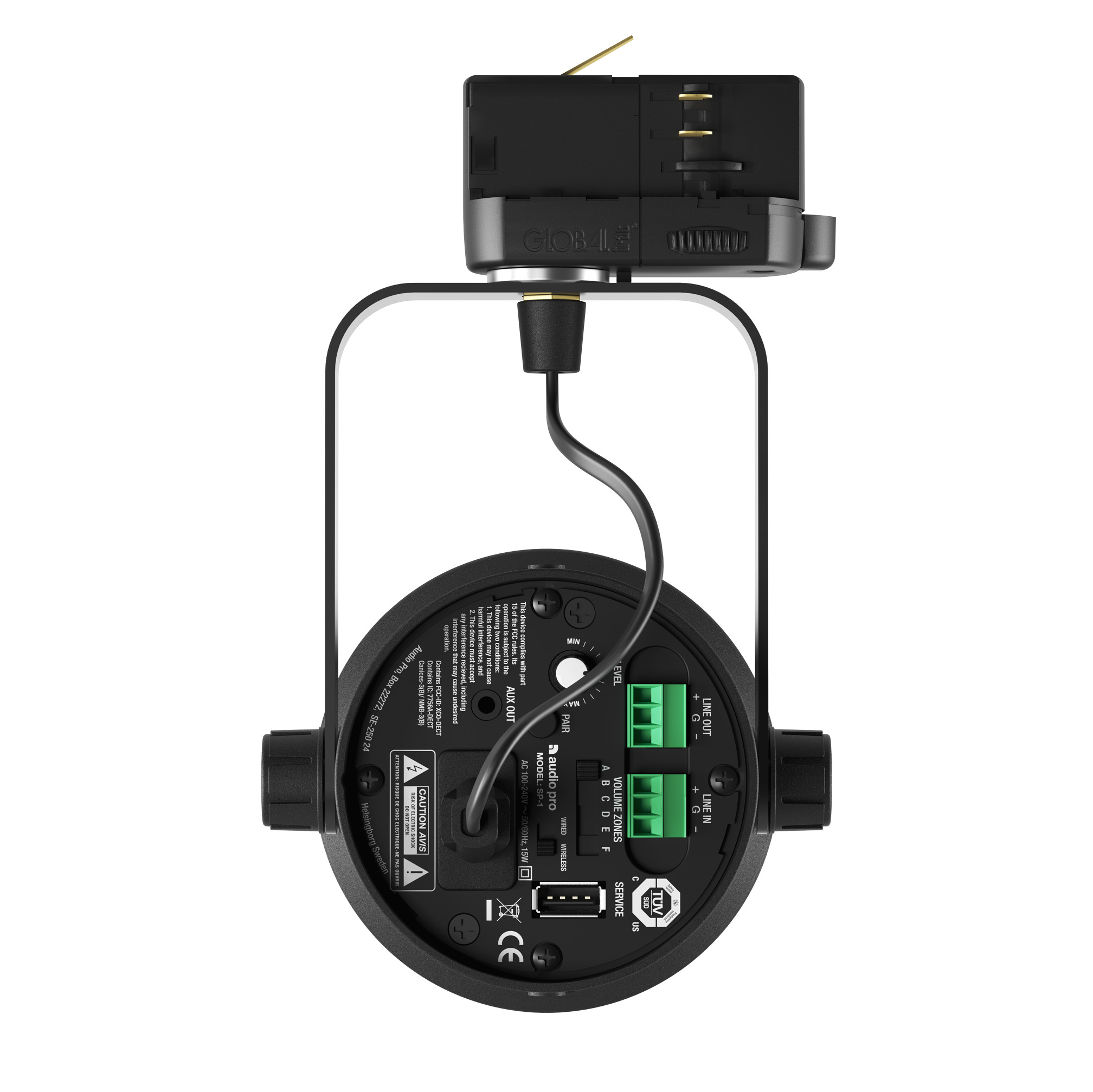 AudioPro-Business-SP-1-Kabelloser-Aktivlautsprecher-fur-Lichtschienen-mit-DSP-DECT-1x12W-1x-2-75-inkl-GA69-Lichtschienenadapter-Montagebugel-analoger-Line-In-schwarz-Demoware