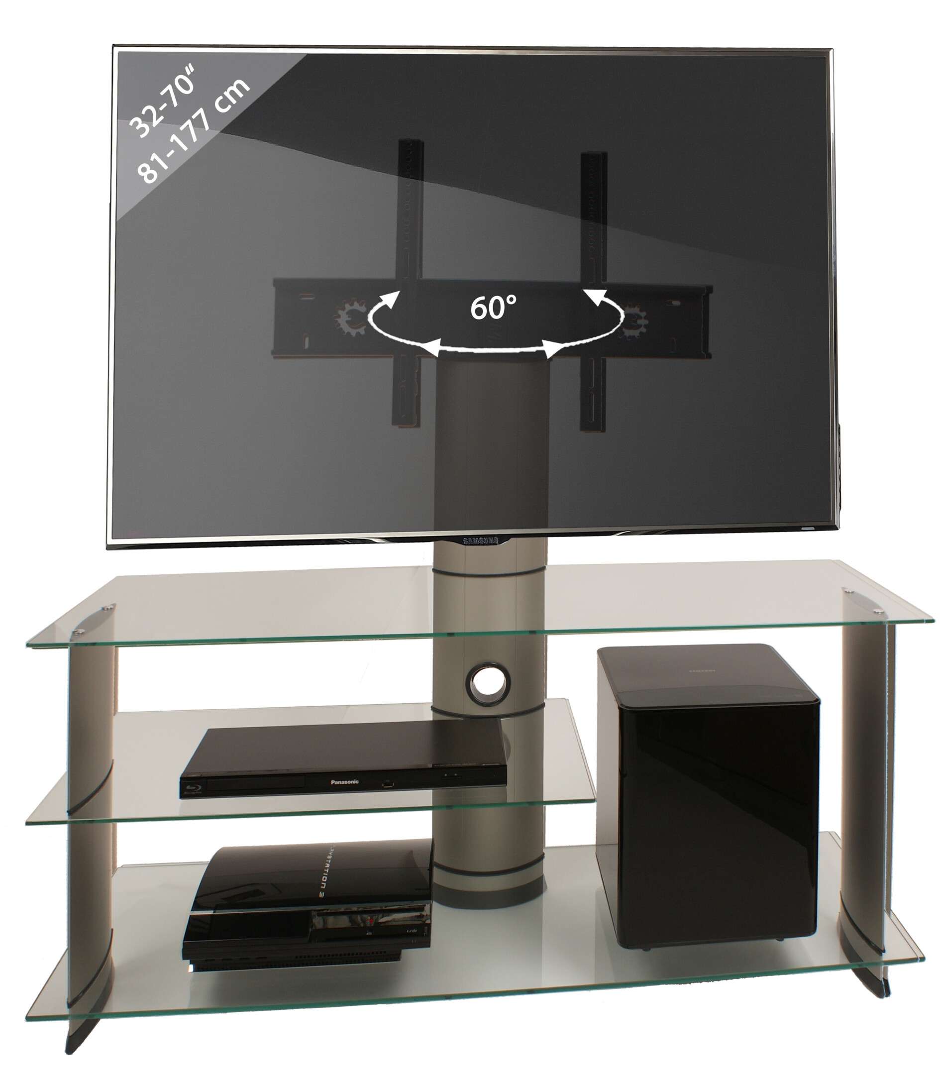 VCM-TV-Rack-mit-Halterung-Bulmo-Silber-mit-3-Glasboeden-Klarglas-120-cm