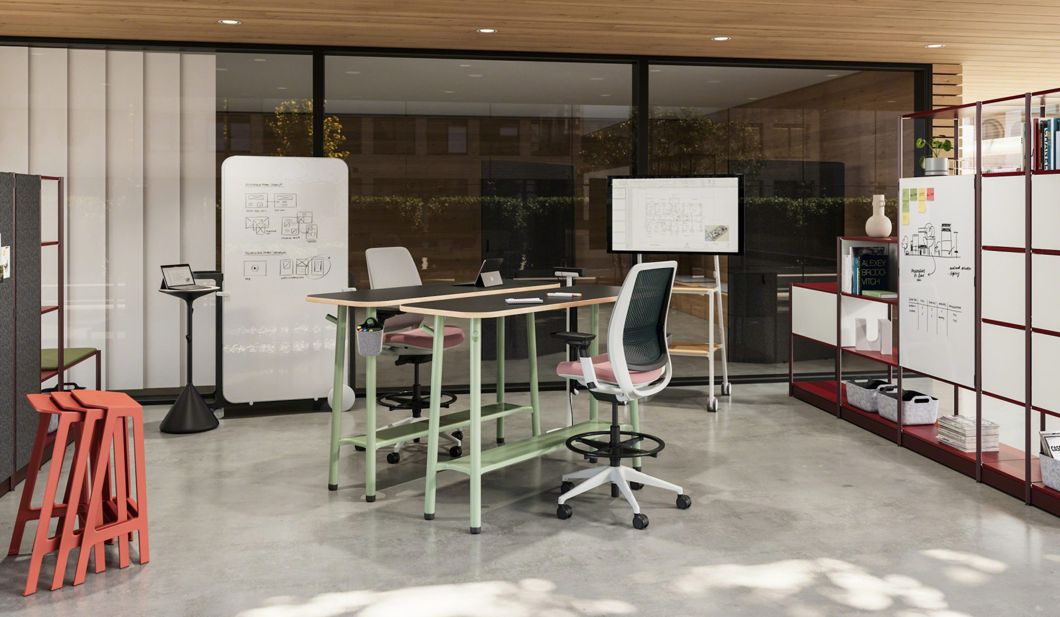 Steelcase Flex mobiler Besprechungstisch schmal in Stehhöhe mit integrierter Fußstütze Steelcase-Flex-mobiler-Besprechungstisch-schmal-in-Stehhohe-mit-integrierter-Fussstutze