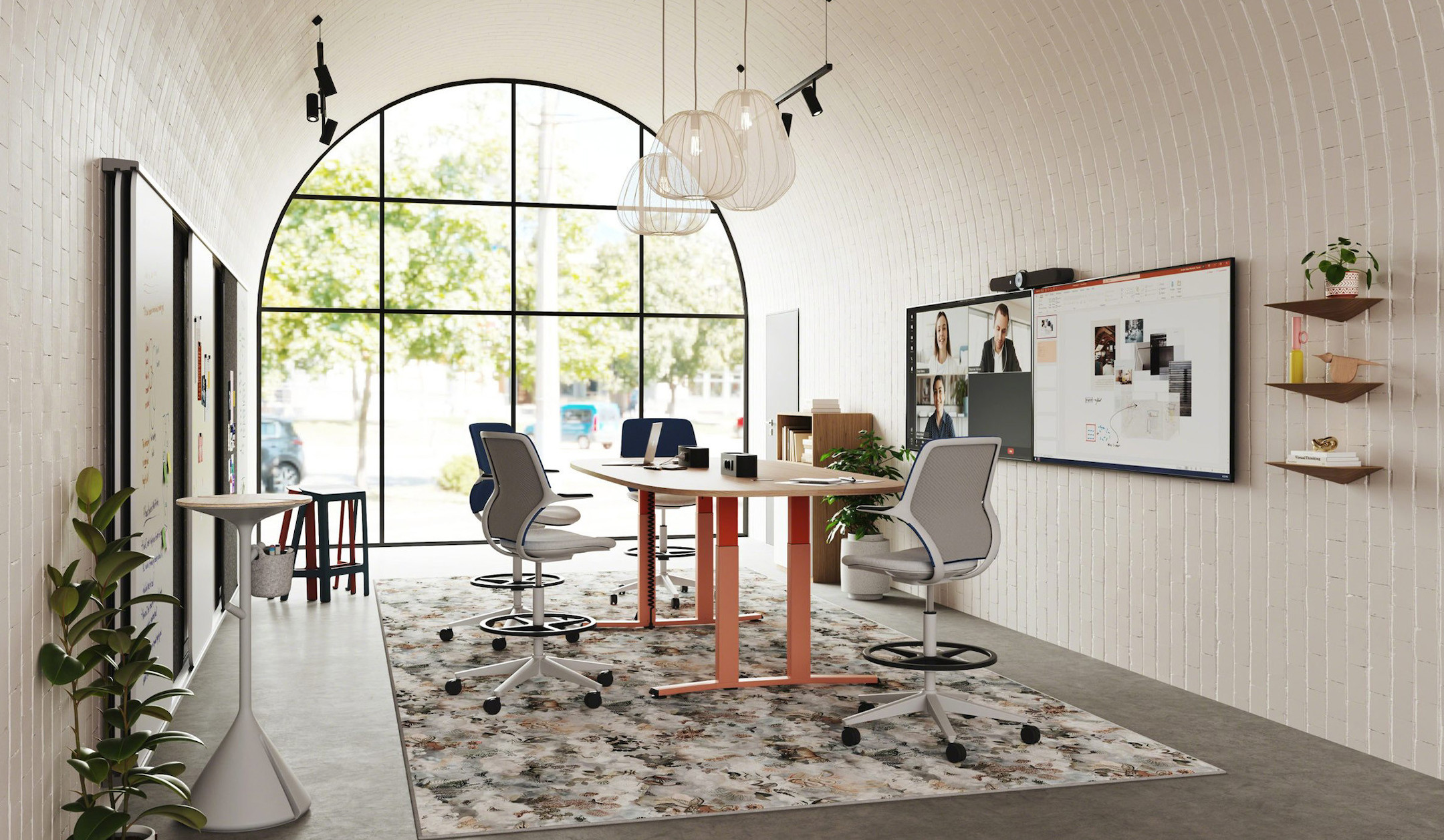 Steelcase Migration SE 4-Fuß höhenverstellbarer Besprechungstisch mit Power Island Steelcase-Migration-SE-hohenverstellbarer-4-Fuss-Besprechungstisch