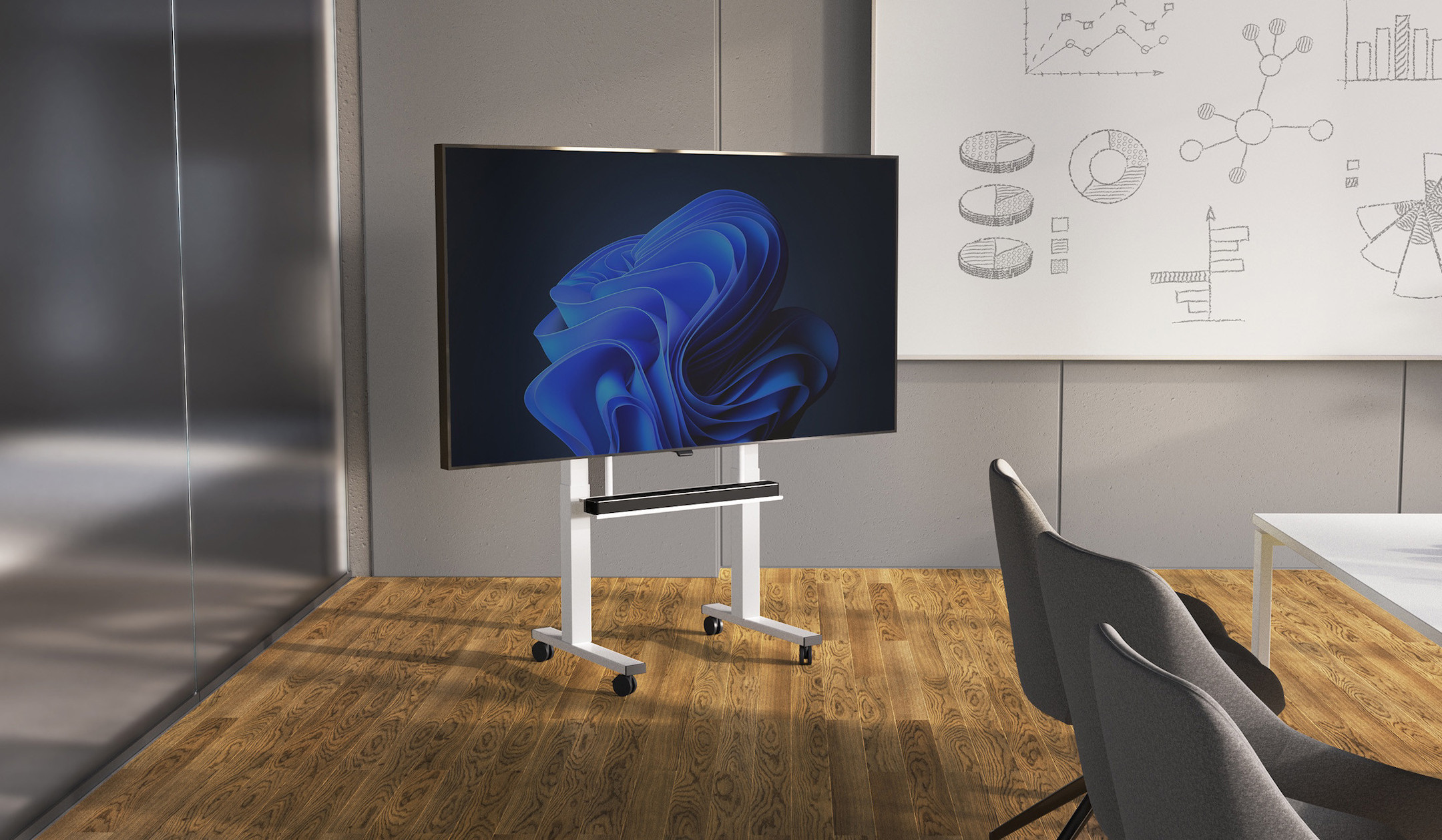 REISS-Media-Cart-I-Fuss-eckig-elektromotorisch-hohenverstellbarer-Displaywagen-fur-Videokonferenzen-und-agile-Meetings