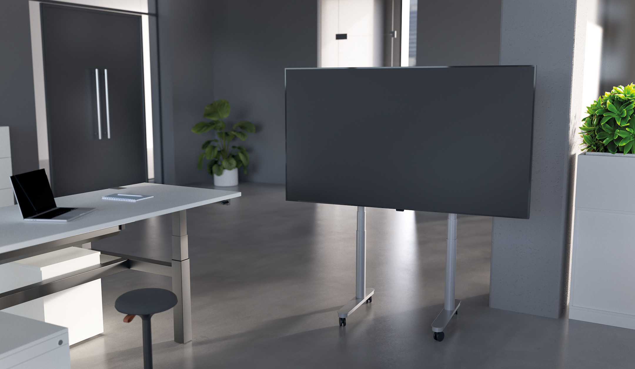 REISS-Media-Cart-I-Fuss-rund-motorisierter-Displaywagen-bis-86-Zoll-fur-professionelle-Prasentationen