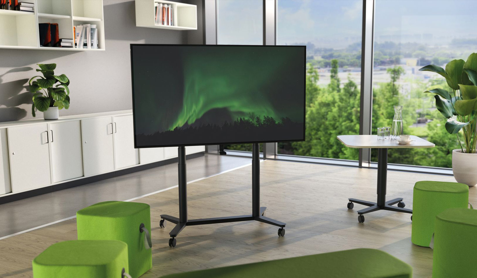 REISS-Media-Cart-H-Fuss-elektromotorisch-hohenverstellbarer-Rollwagen-fur-professionelle-Displays