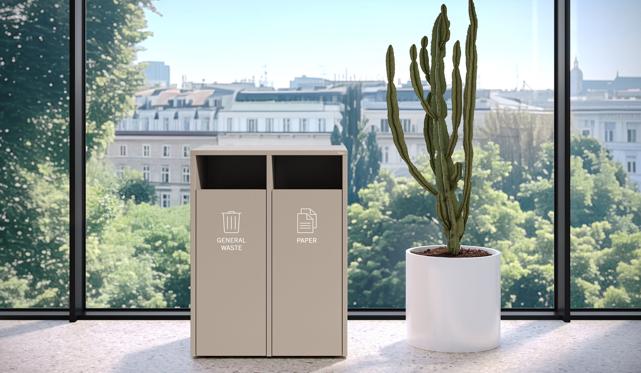 Bene Recycling Station mit bis zu drei Abfallbehältern und optionaler Beschriftung Bene-Recycling-Station-mit-bis-zu-drei-Abfallbehaltern-und-optionaler-Beschriftung