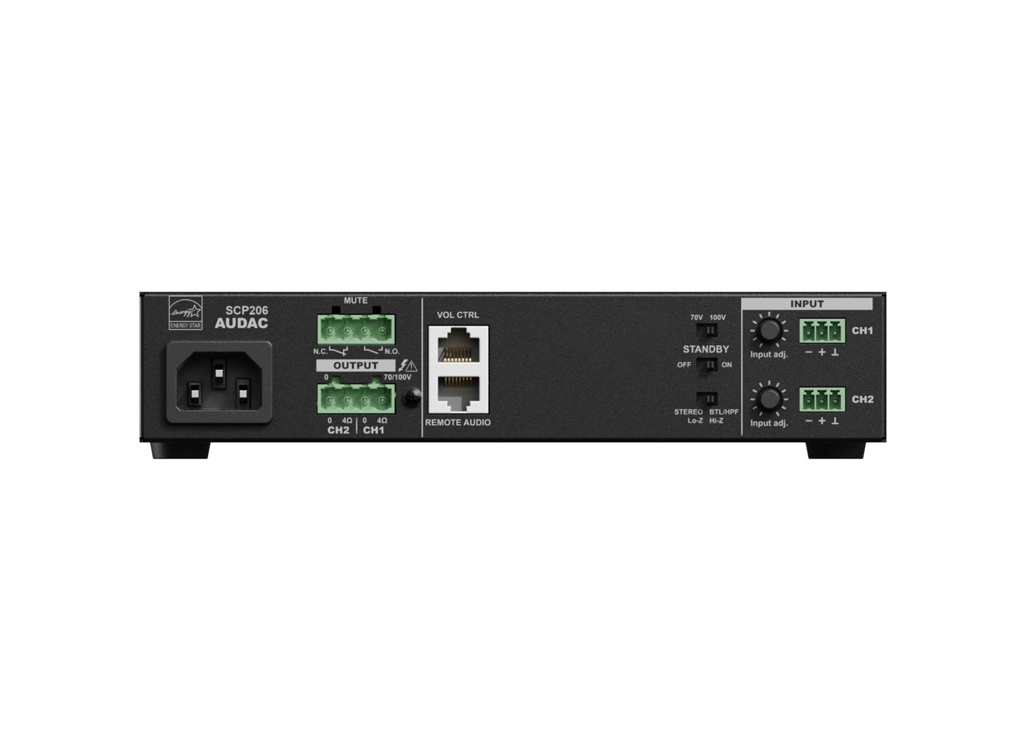 AUDAC-SCP206-kompakter-Zweikanal-Leistungsverstarker-2-x-60W-4-Ohm-120W-70-100V
