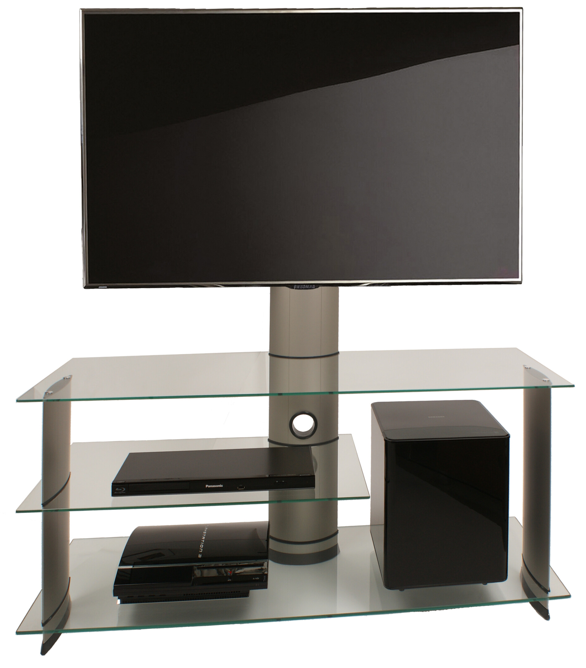 VCM-TV-Rack-mit-Halterung-Bulmo-Silber-mit-3-Glasboeden-Klarglas-120-cm