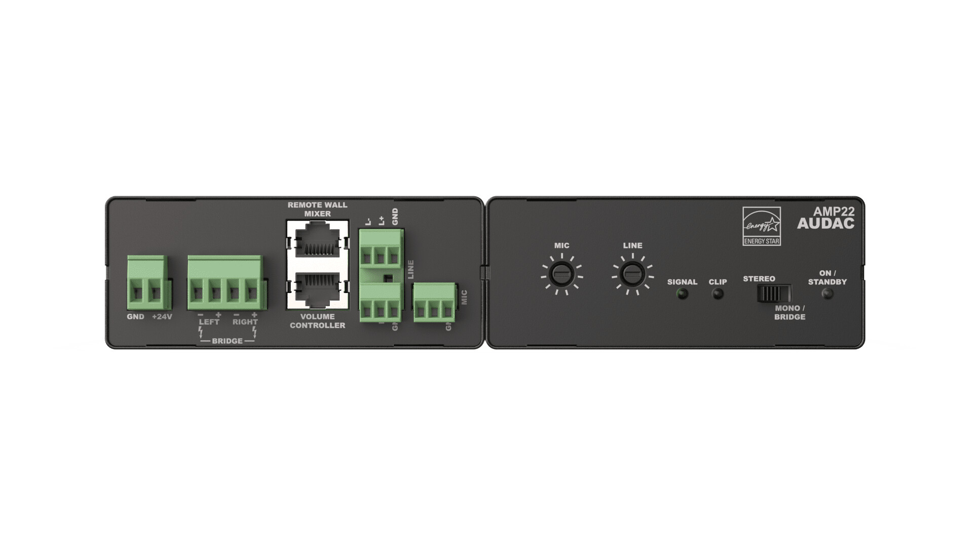 Audac-AMP22-Mini-Stereoverstarker-2x15W-4Ohm-bruckbar-sym-Mikrofon-und-Line-Eingange-WP2xx-Eingang-RJ45-S-Box