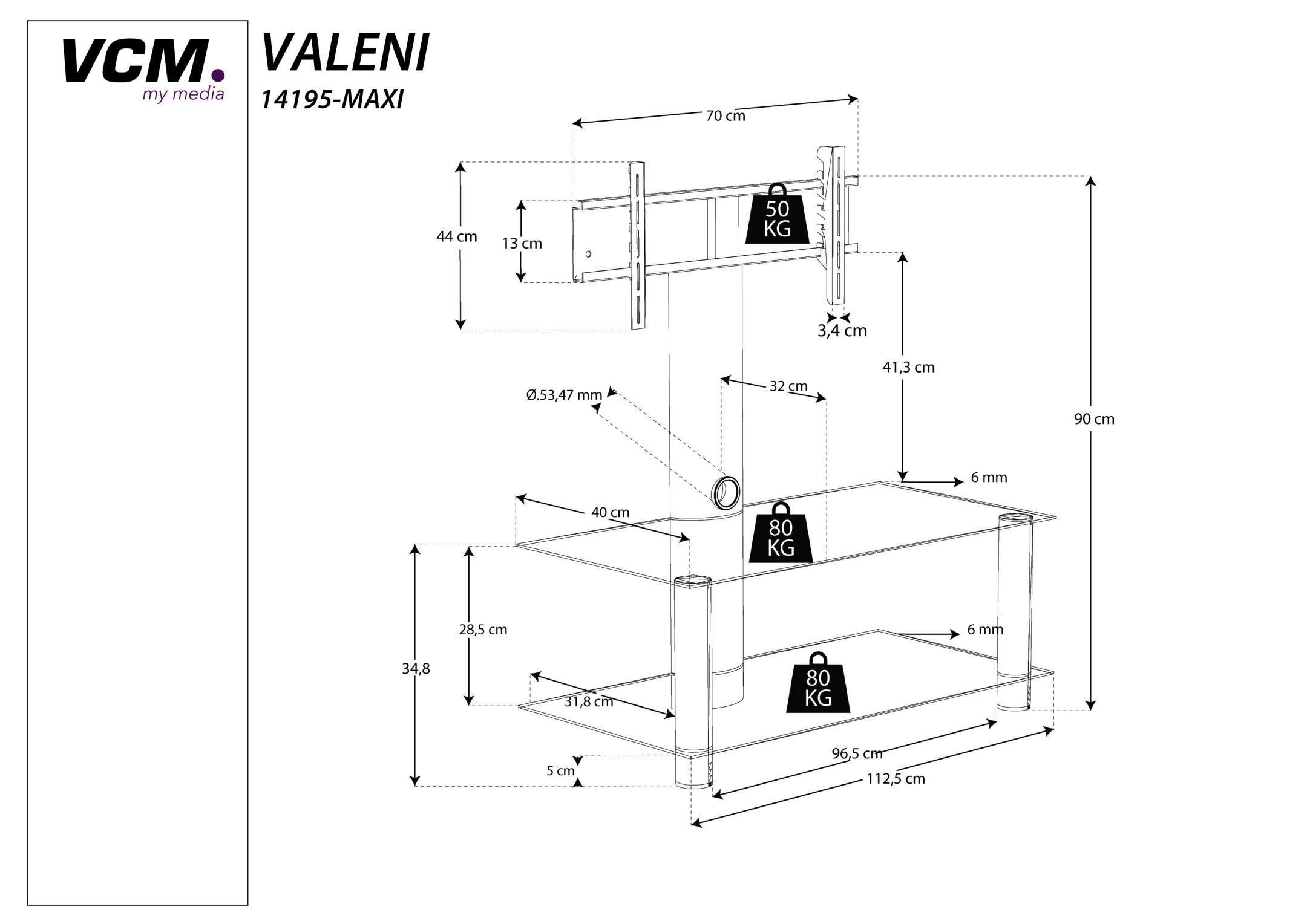 VCM-TV-Rack-mit-Halterung-Valeni-Maxi-Silber-mit-2-Glasboden-Schwarzglas-112-cm