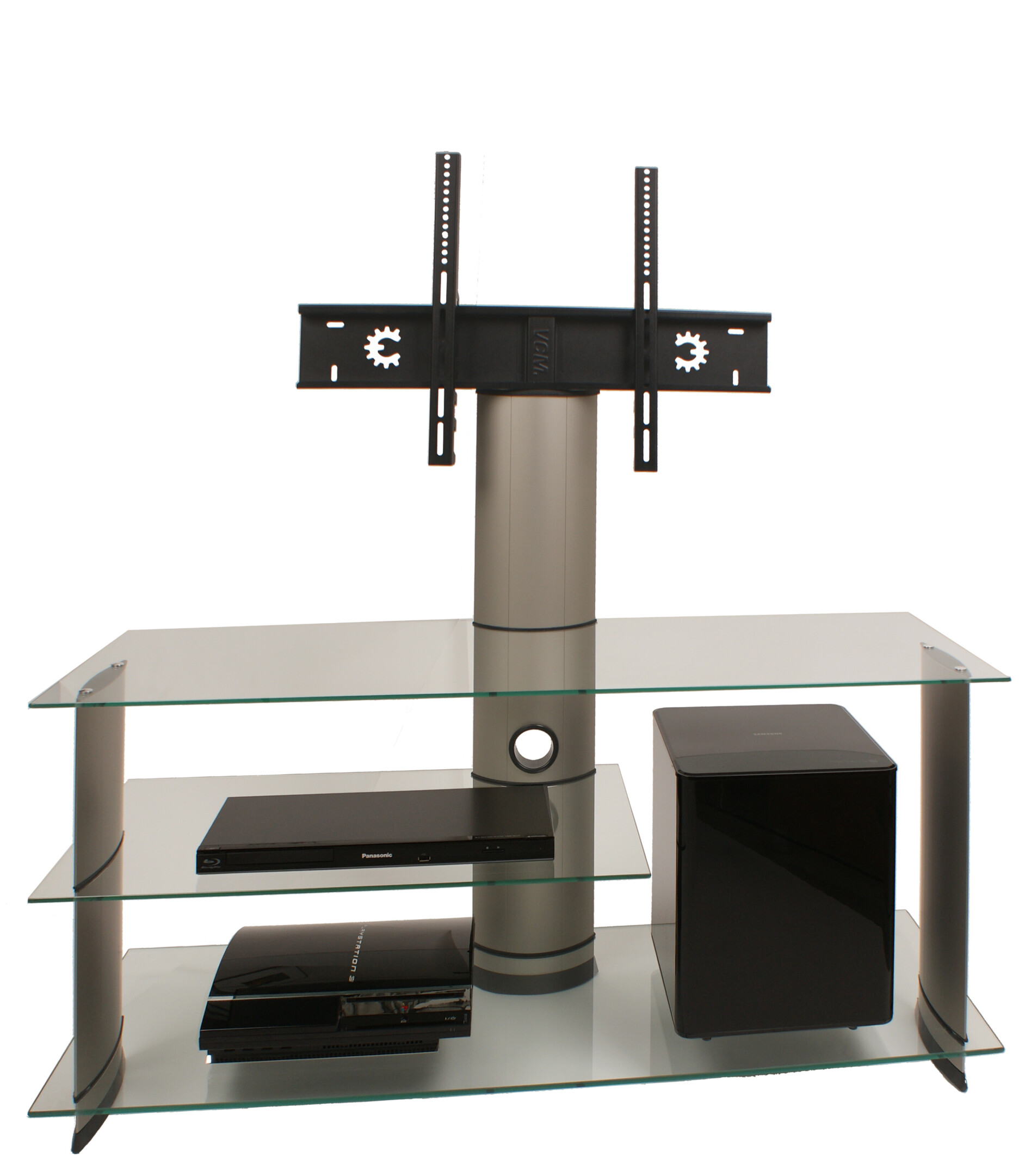 VCM-TV-Rack-mit-Halterung-Bulmo-Silber-mit-3-Glasboeden-Klarglas-120-cm
