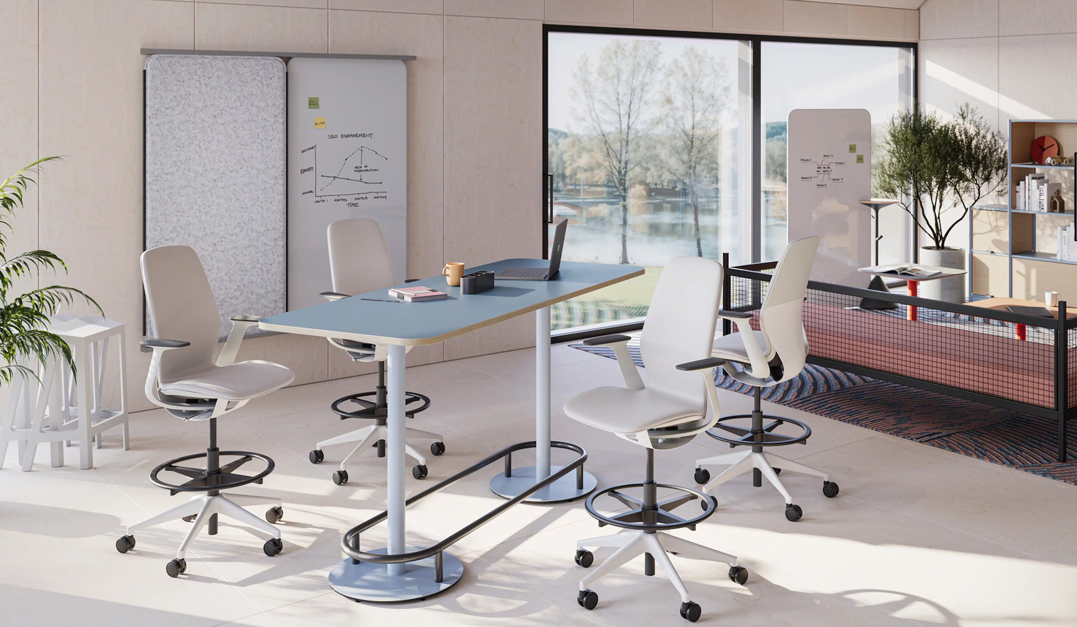 Steelcase-Obelos-Konferenztisch-in-Stehhohe-mit-Fussstutze-und-Power-Island-fur-aktive-Meetings