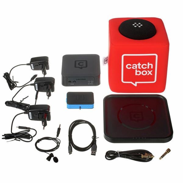 Catchbox-Plus-Nest-Microfoon-met-1-Publieksmicrofoon-1-Presentator-Microfoon-en-Draadloze-Oplader-Demo